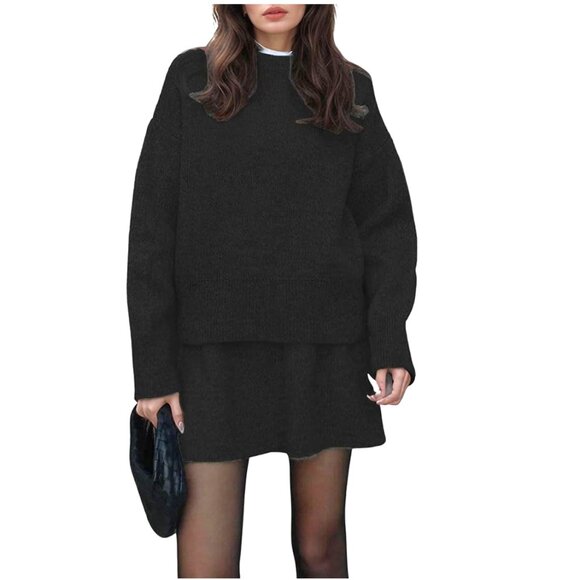 Black Ribbed Fall Skirt Set  Ribbed Sweater and Mini Skirt L - Picture 1 of 15
